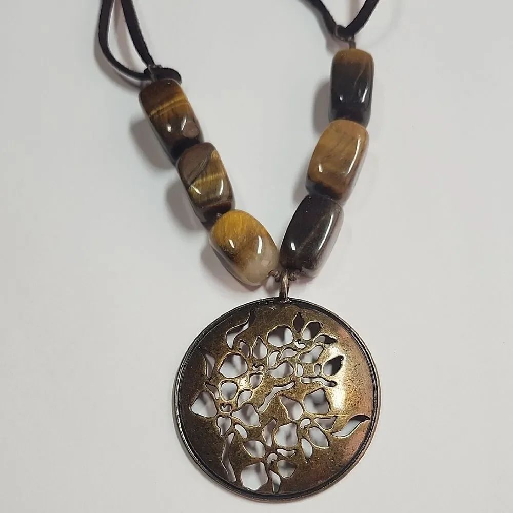 Avon Bronze Tone Medallion and Genuine Tiger's Eye Necklace Vintage Boho